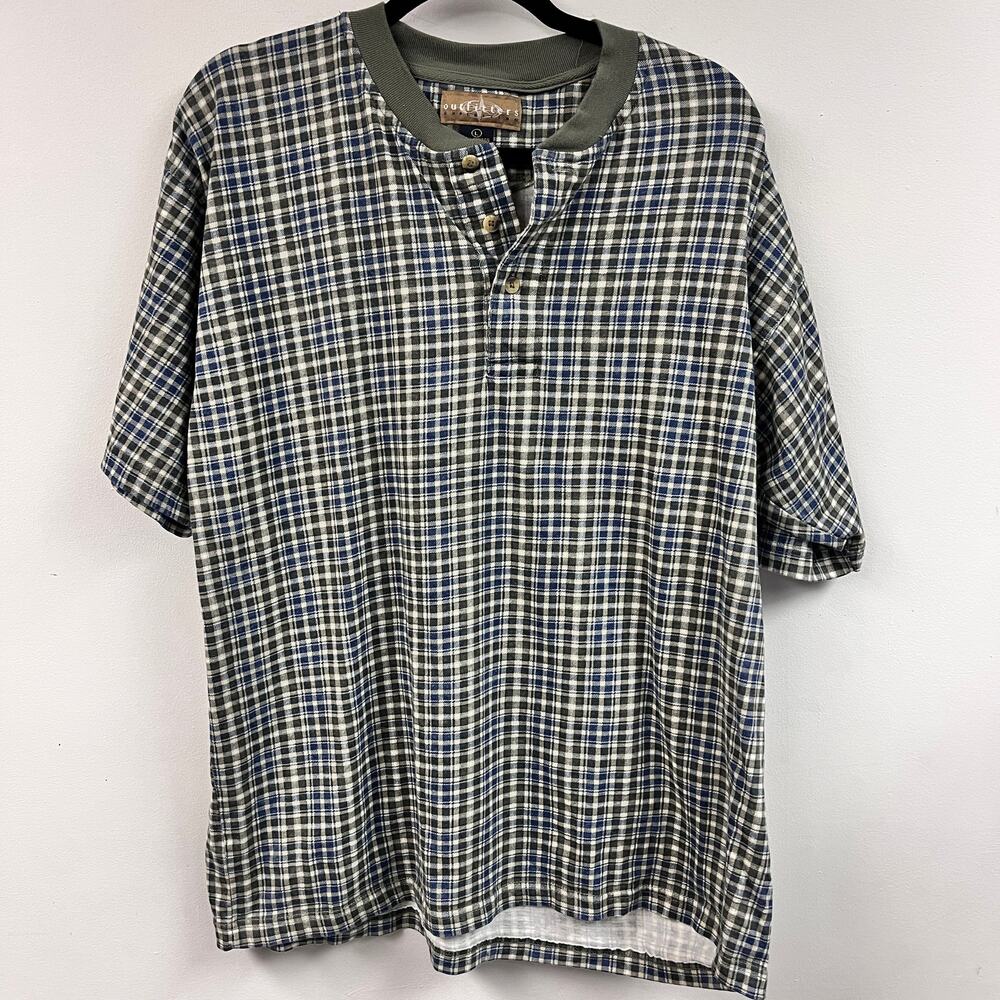 Vintage 90s plaid henley 100% cotton tee green blue tan short sleeve Lg